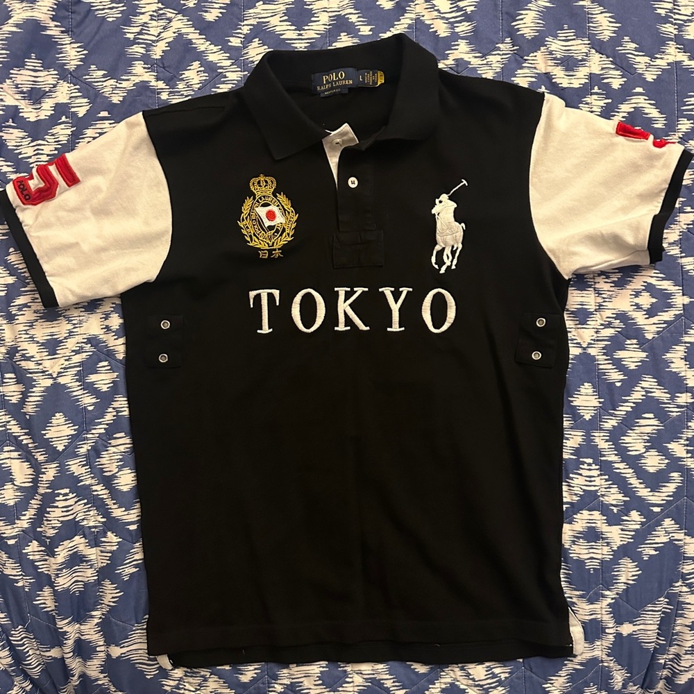 Ralph Lauren Black and White Polo Shirt with Contrast Sleeves